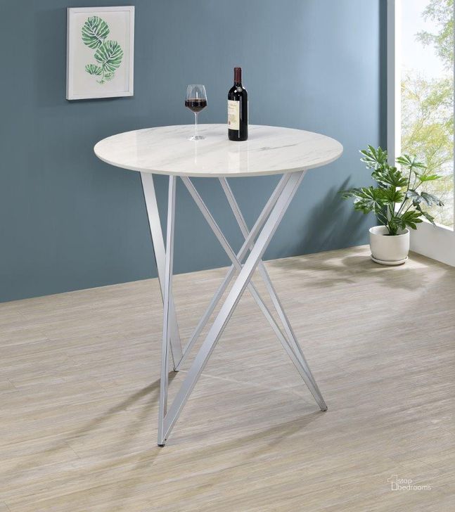 The appearance of Bexter Faux Marble Round Top Bar Table White and Chrome designed by Coaster in the modern / contemporary interior design. This white and chrome piece of furniture  was selected by 1StopBedrooms from Bexter Collection to add a touch of cosiness and style into your home. Sku: 183526. Material: Metal. Product Type: Bar Table. Image1