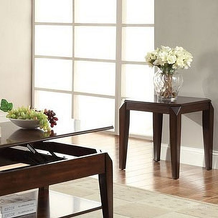 The appearance of Beyla Brown End Table designed by Isaac Tahari in the transitional interior design. This brown piece of furniture  was selected by 1StopBedrooms from Beyla Collection to add a touch of cosiness and style into your home. Sku: 80662. Table Top Shape: Square. Material: Wood. Product Type: End Table.