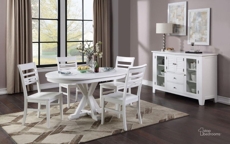 The appearance of Bianca White Single Pedestal Extendable Dining Room Set designed by ECI in the transitional interior design. This white piece of furniture  was selected by 1StopBedrooms from Bianca Collection to add a touch of cosiness and style into your home. Sku: 1060-01-RT;1060-01-RP;1060-01-S2. Table Base Style: Trestle. Table Top Shape: Round. Material: Wood. Product Type: Dining Room Set. Image1