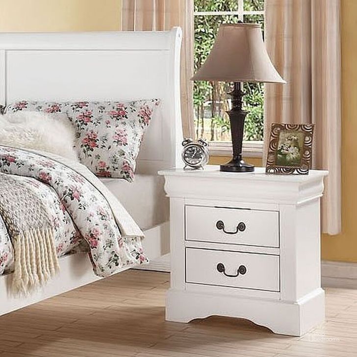 The appearance of Bibiana White Nightstand designed by Bennett Interiors in the transitional interior design. This white piece of furniture  was selected by 1StopBedrooms from Bibiana Collection to add a touch of cosiness and style into your home. Sku: 24503. Material: Wood. Product Type: Nightstand. Image1