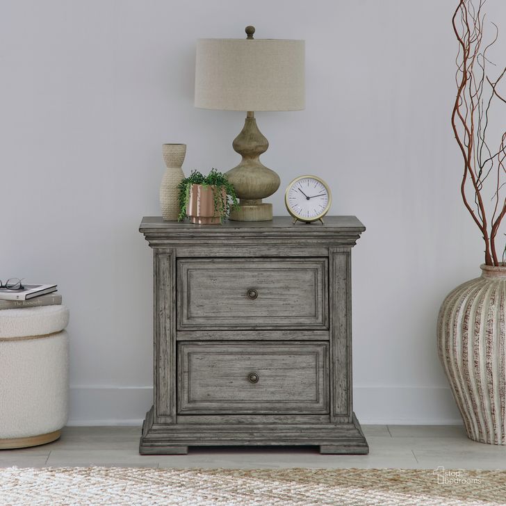 The appearance of Big Valley 2 Drawer Night Stand With Charging Station In Graystone designed by Liberty in the traditional interior design. This gray piece of furniture  was selected by 1StopBedrooms from Big Valley Collection to add a touch of cosiness and style into your home. Sku: 361G-BR61. Product Type: Nightstand. Material: Rubberwood. Image1