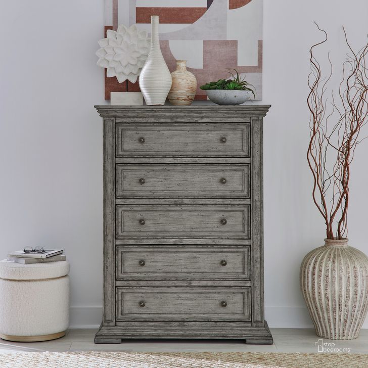 The appearance of Big Valley 5 Drawer Chest In Graystone designed by Liberty in the traditional interior design. This gray piece of furniture  was selected by 1StopBedrooms from Big Valley Collection to add a touch of cosiness and style into your home. Sku: 361G-BR41. Product Type: Chest. Material: Rubberwood. Image1