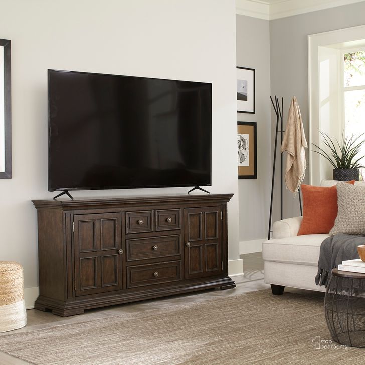 The appearance of Big Valley 66 Inch Tv Console In Light Brown designed by Liberty in the traditional interior design. This light brown piece of furniture  was selected by 1StopBedrooms from Big Valley Collection to add a touch of cosiness and style into your home. Sku: 361-TV66. Product Type: TV Console. Material: Rubberwood.