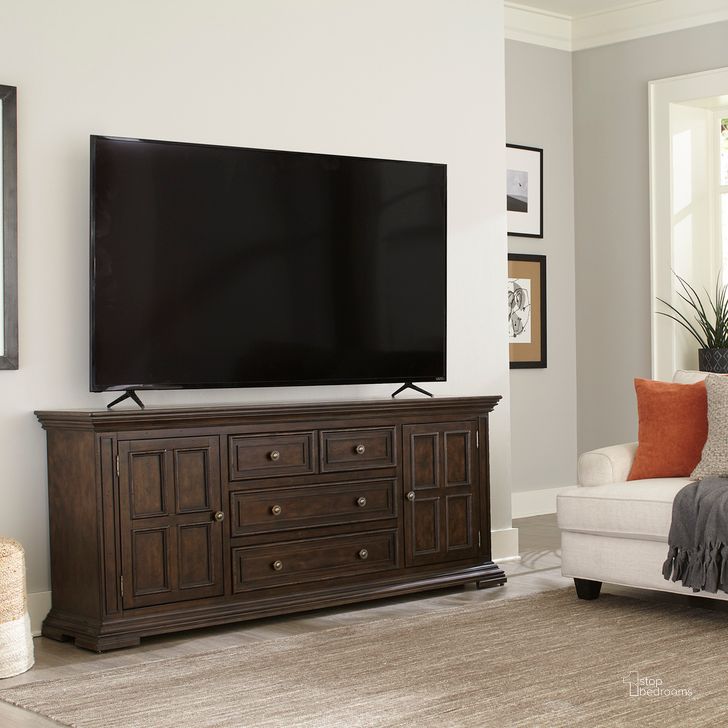 The appearance of Big Valley 76 Inch Tv Console In Light Brown designed by Liberty in the traditional interior design. This light brown piece of furniture  was selected by 1StopBedrooms from Big Valley Collection to add a touch of cosiness and style into your home. Sku: 361-TV76. Product Type: TV Console. Material: Rubberwood. Image1