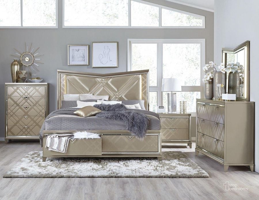 The appearance of Bijou Champagne Metallic Platform Storage Bedroom Set with LED Lighting designed by Homelegance in the transitional interior design. This beige piece of furniture  was selected by 1StopBedrooms from Bijou Collection to add a touch of cosiness and style into your home. Sku: 1522-1;1522-2WF;1522-3;1522-4WF. Bed Type: Platform Bed. Material: Wood. Product Type: Platform Bed. Bed Size: Queen. Image1