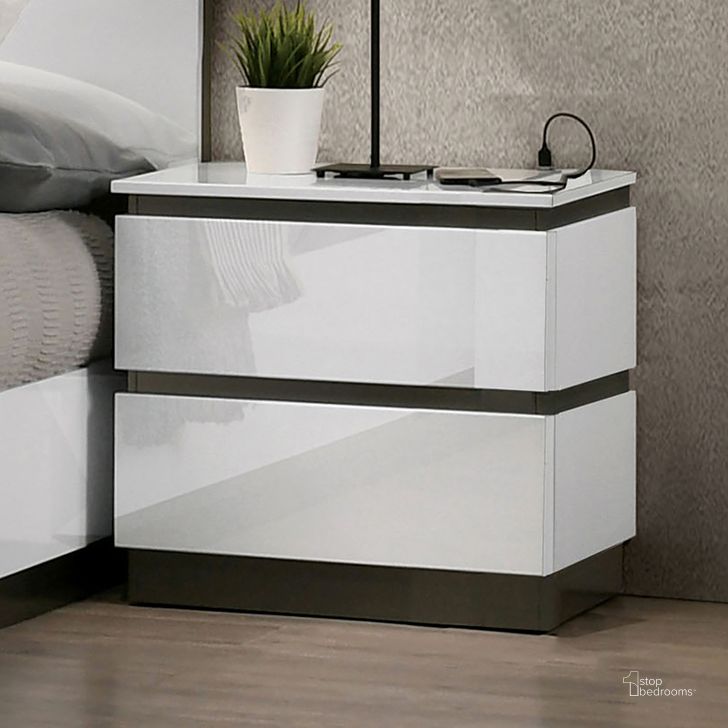 The appearance of Birsfelden Night Stand With USB In White and Gray designed by Furniture of America in the modern / contemporary interior design. This white and gray piece of furniture  was selected by 1StopBedrooms from Birsfelden Collection to add a touch of cosiness and style into your home. Sku: FOA7225WH-N. Material: Wood. Product Type: Nightstand. Image1