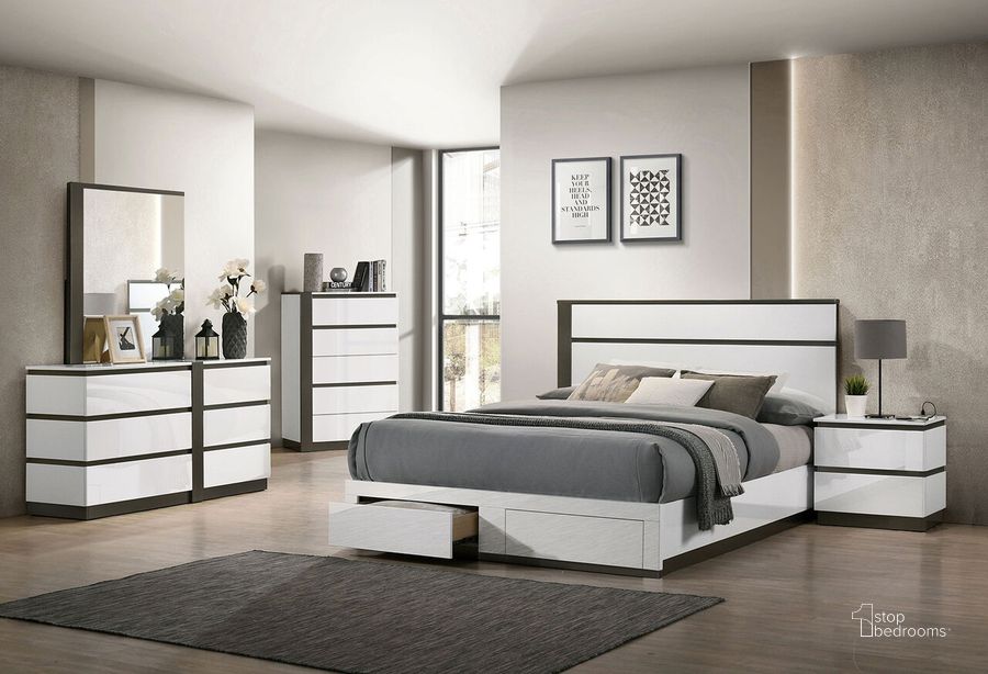 The appearance of Birsfelden Queen Bed With Drawers In White and Gray designed by Furniture of America in the modern / contemporary interior design. This white and gray piece of furniture  was selected by 1StopBedrooms from Birsfelden Collection to add a touch of cosiness and style into your home. Sku: FOA7225WH-Q-1-DR;FOA7225WH-Q-2-DR;FOA7225WH-Q-3-DR. Bed Type: Platform Bed. Material: Wood. Product Type: Platform Bed. Bed Size: Queen.
