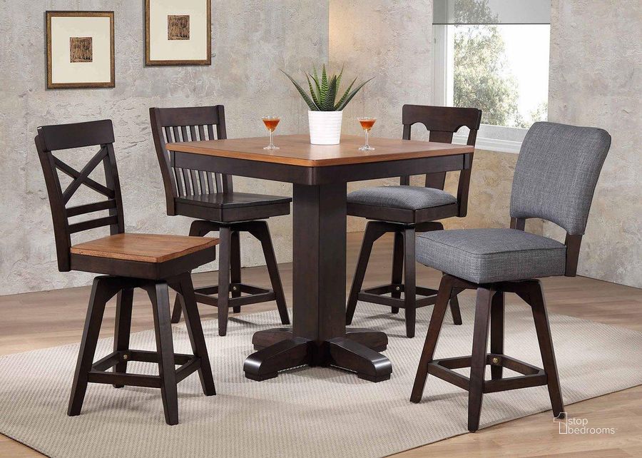 The appearance of Black Oak Pub Table Set designed by ECI in the transitional interior design. This black piece of furniture  was selected by 1StopBedrooms from Choices Collection to add a touch of cosiness and style into your home. Sku: 0736-50-T;0736-50-ADPB;0738-50-CS1. Material: Wood. Product Type: Bistro and Bar Table Set. Image1