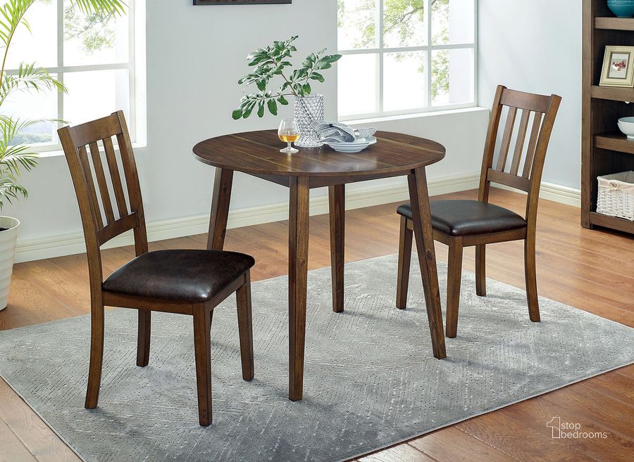 The appearance of Blackwood 3 Piece Round Dining Table Set In Walnut and Dark Brown designed by Furniture of America in the transitional interior design. This walnut and dark brown piece of furniture  was selected by 1StopBedrooms from Blackwood Collection to add a touch of cosiness and style into your home. Sku: CM3771RT-3PK. Material: Wood. Product Type: Dining Room Set. Image1