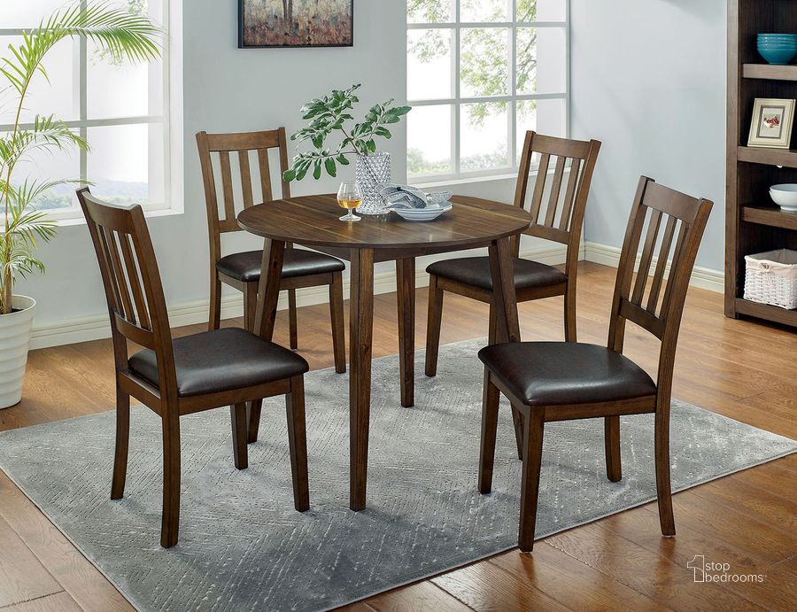 The appearance of Blackwood 5 Piece Round Dining Table Set In Walnut and Dark Brown designed by Furniture of America in the transitional interior design. This walnut and dark brown piece of furniture  was selected by 1StopBedrooms from Blackwood Collection to add a touch of cosiness and style into your home. Sku: CM3771RT-5PK. Material: Wood. Product Type: Dining Room Set. Image1