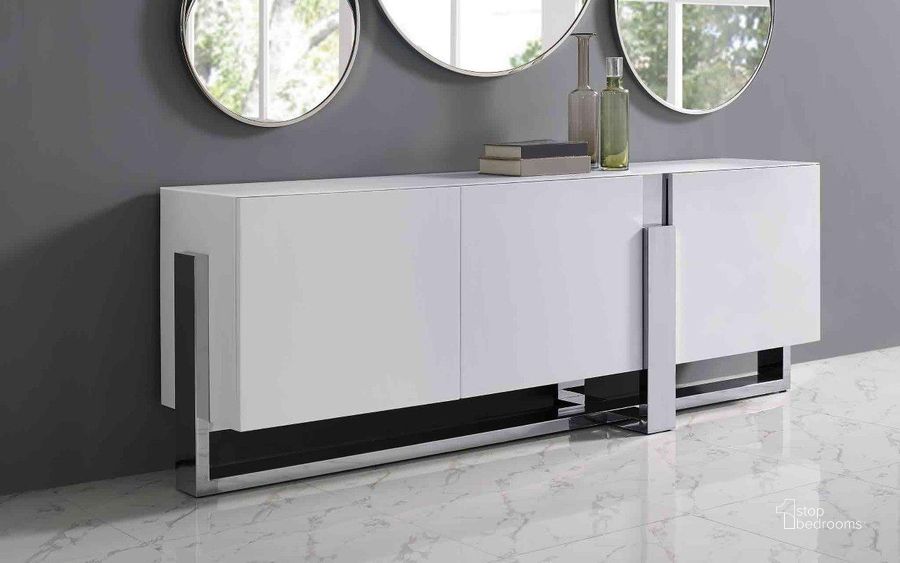 The appearance of Blake White Buffet designed by Whiteline Modern Living in the modern / contemporary interior design. This white piece of furniture  was selected by 1StopBedrooms from Blake Collection to add a touch of cosiness and style into your home. Sku: SB1439-WHT. Product Type: Buffet. Material: Stainless Steel. Image1