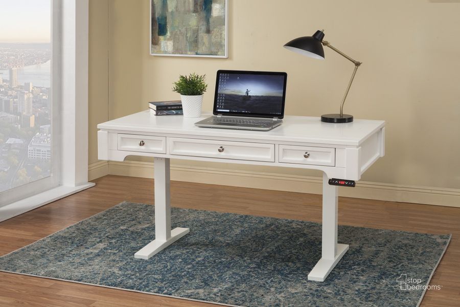 The appearance of Boca Cottage White 57" Power Lift Desk designed by Parker House in the modern / contemporary interior design. This white piece of furniture  was selected by 1StopBedrooms from Boca Collection to add a touch of cosiness and style into your home. Sku: BOC#257T;LIFT#200WHT. Material: Wood. Product Type: Office Desk. Image1