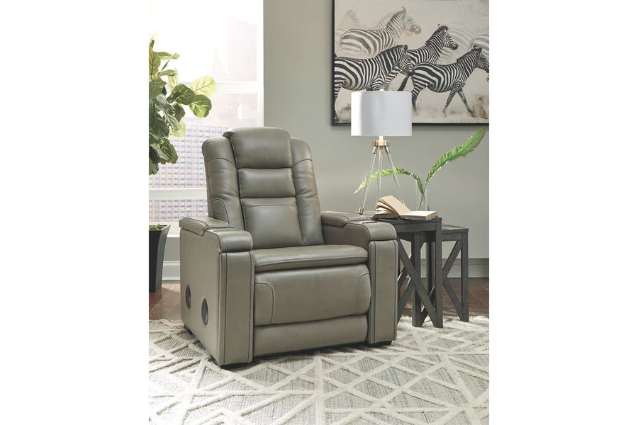 The appearance of Boerna Gray Power Recliner designed by Signature Design by Ashley in the modern / contemporary interior design. This gray piece of furniture  was selected by 1StopBedrooms from Boerna Collection to add a touch of cosiness and style into your home. Sku: 7360713. Product Type: Living Room Chair. Material: Leather Match. Image1