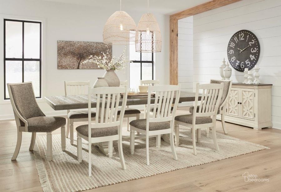 The appearance of Bolanburg Two Tone Extendable Dining Room Set designed by Signature Design by Ashley in the transitional interior design. This antique white piece of furniture  was selected by 1StopBedrooms from Bolanburg Collection to add a touch of cosiness and style into your home. Sku: D647-55T;D647-55B;D647-01. Table Base Style: Trestle. Material: Wood. Product Type: Dining Room Set. Table Top Shape: Rectangular. Image1