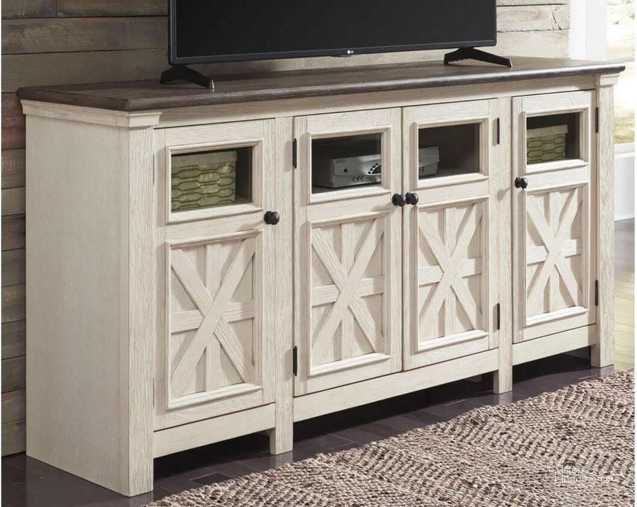 The appearance of Bolanburg Weathered Gray Extra Large TV Stand designed by Signature Design by Ashley in the transitional interior design. This two-tone piece of furniture  was selected by 1StopBedrooms from Bolanburg Collection to add a touch of cosiness and style into your home. Sku: W647-60. Material: Glass. Product Type: TV Stand. Image1