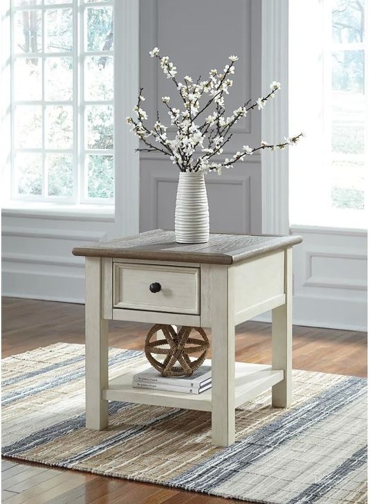 The appearance of Bolanburg Weathered Gray Rectangular End Table designed by Signature Design by Ashley in the transitional interior design. This two-tone piece of furniture  was selected by 1StopBedrooms from Bolanburg Collection to add a touch of cosiness and style into your home. Sku: T637-3. Material: Wood. Product Type: End Table. Table Top Shape: Rectangular. Image1