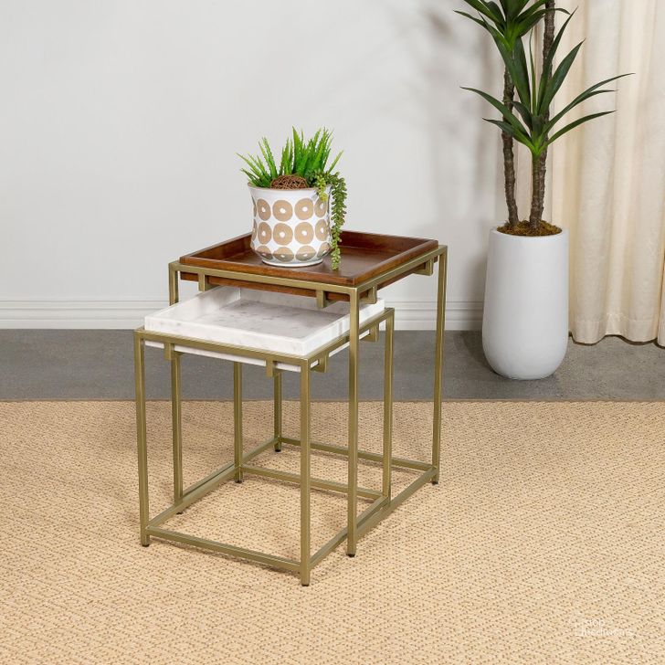 The appearance of Bolden 2-Piece Square Nesting Table with Recessed Top In Gold designed by Coaster in the transitional interior design. This gold piece of furniture  was selected by 1StopBedrooms from Bolden Collection to add a touch of cosiness and style into your home. Sku: 936172. Material: Metal. Product Type: Nesting Table. Image1