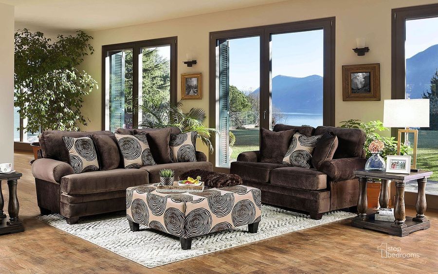 The appearance of Bonaventura Living Room Set (Brown) designed by Furniture of America in the transitional interior design. This brown piece of furniture  was selected by 1StopBedrooms from Bonaventura Collection to add a touch of cosiness and style into your home. Sku: SM5142BR-SF;SM5142BR-LV. Material: Fabric. Product Type: Living Room Set. Image1