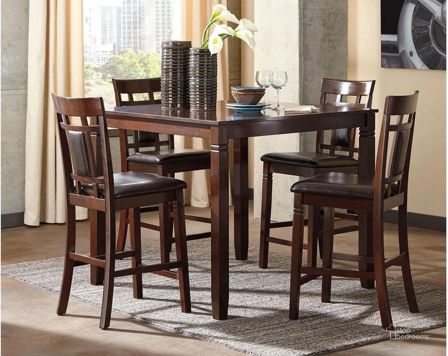 The appearance of Botond Brown Dining Room Set 0qd2278988 designed by Isaac Tahari in the transitional interior design. This brown piece of furniture  was selected by 1StopBedrooms from Botond Collection to add a touch of cosiness and style into your home. Sku: D384-223. Product Type: Dining Room Set. Material: Leather Match. Table Top Shape: Rectangular. Image1