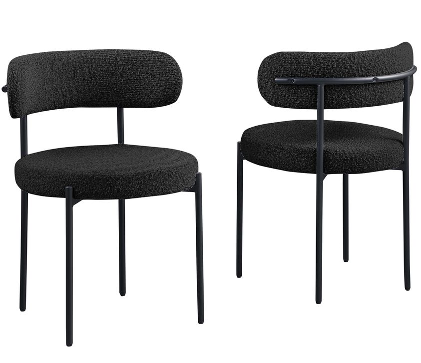 The appearance of Boucle Fabric Dining Chairs In Black Finish Set of 2 designed by Best Master Furniture in the cabin / lodge interior design. This black piece of furniture  was selected by 1StopBedrooms from Boucle Collection to add a touch of cosiness and style into your home. Sku: D025B. Material: Fabric. Product Type: Dining Chair. Image1