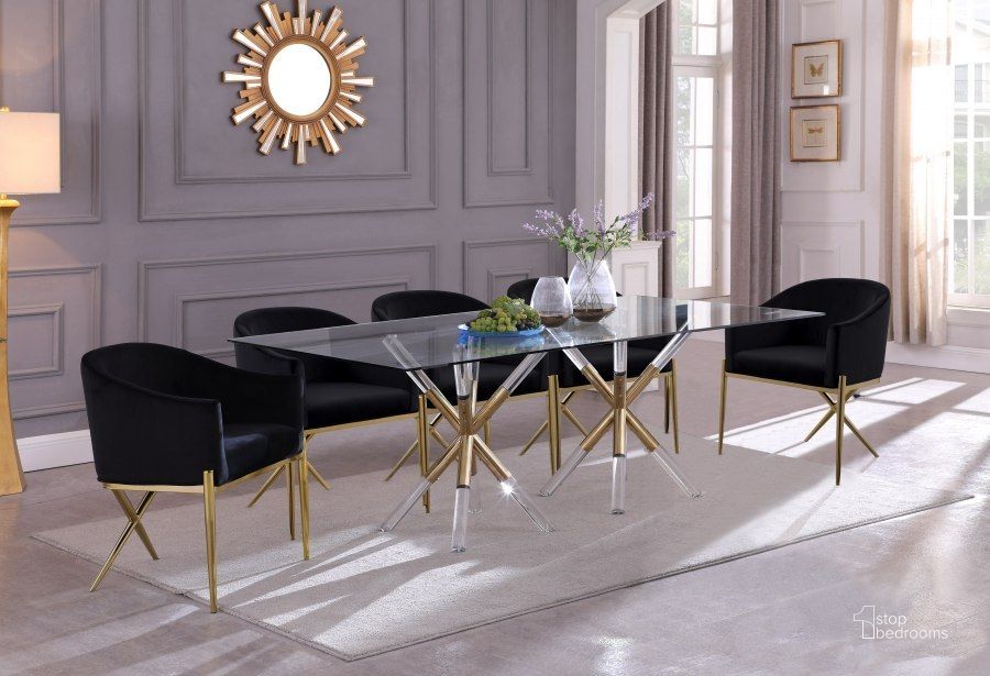 The appearance of Brand Gold Dining Room Set 0qb24343257 designed by Furnique in the modern / contemporary interior design. This gold piece of furniture  was selected by 1StopBedrooms from Brand Collection to add a touch of cosiness and style into your home. Sku: 917-T-1;917-T-2;763Black-C. Table Base Style: Double Pedestal. Product Type: Dining Room Set. Table Top Shape: Rectangular. Material: Velvet. Size: 84". Image1