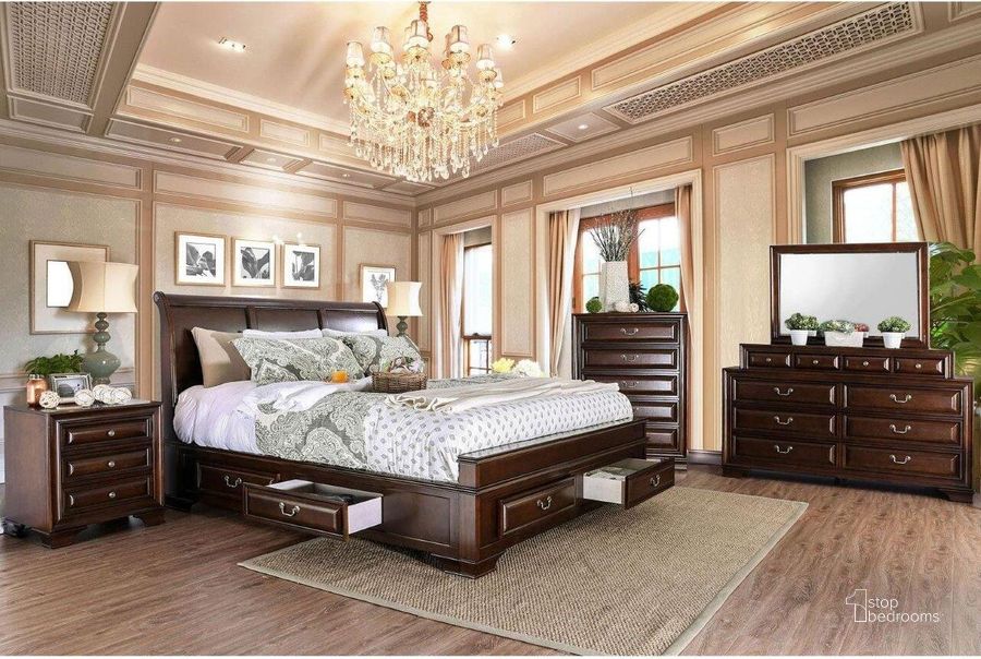 The appearance of Brandt Brown Cherry Storage Sleigh Bedroom Set designed by Furniture of America in the transitional interior design. This brown piece of furniture  was selected by 1StopBedrooms from Brandt Collection to add a touch of cosiness and style into your home. Sku: CM7302CH-Q-1;CM7302CH-Q-2;CM7302CH-Q-3;CM7302CH-Q-4;CM7302CH-Q-5;CM7302CH-N. Bed Type: Storage Bed. Material: Wood. Product Type: Storage Bed. Bed Size: Queen. Image1