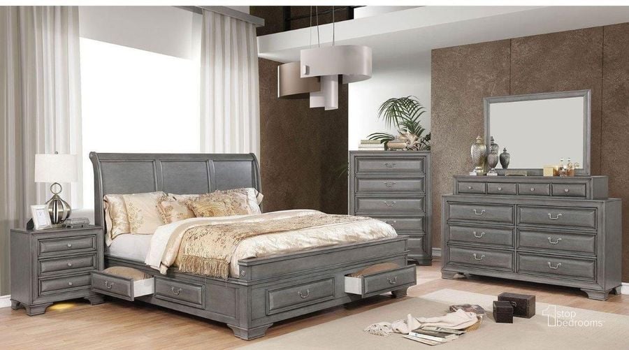 The appearance of Brandt Gray Storage Sleigh Bedroom Set designed by Furniture of America in the transitional interior design. This gray piece of furniture  was selected by 1StopBedrooms from Brandt Collection to add a touch of cosiness and style into your home. Sku: CM7302GY-Q-1;CM7302GY-Q-2;CM7302GY-Q-3;CM7302GY-Q-4;CM7302GY-Q-5;CM7302GY-N. Bed Type: Storage Bed. Material: Wood. Product Type: Storage Bed. Bed Size: Queen. Image1