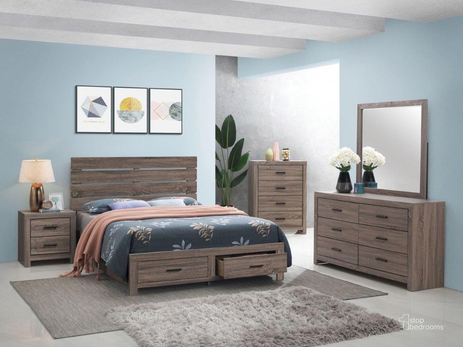The appearance of Brantford Barrel Oak Platform Storage Bedroom Set designed by Coaster in the transitional interior design. This brown piece of furniture  was selected by 1StopBedrooms from Brantford Collection to add a touch of cosiness and style into your home. Sku: 207040QB1;207040QB2;207042. Bed Type: Storage Bed. Material: Wood. Product Type: Storage Bed. Bed Size: Queen. Image1