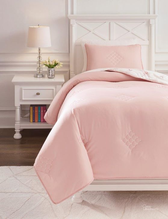 The appearance of Braxson Pink/White/Gray Bedding and Comforter Set 0qd24494089 designed by Isaac Tahari in the transitional interior design. This pink/white/gray piece of furniture  was selected by 1StopBedrooms from Braxson Collection to add a touch of cosiness and style into your home. Sku: Q901001T. Material: Fabric. Product Type: Comforter Set. Image1