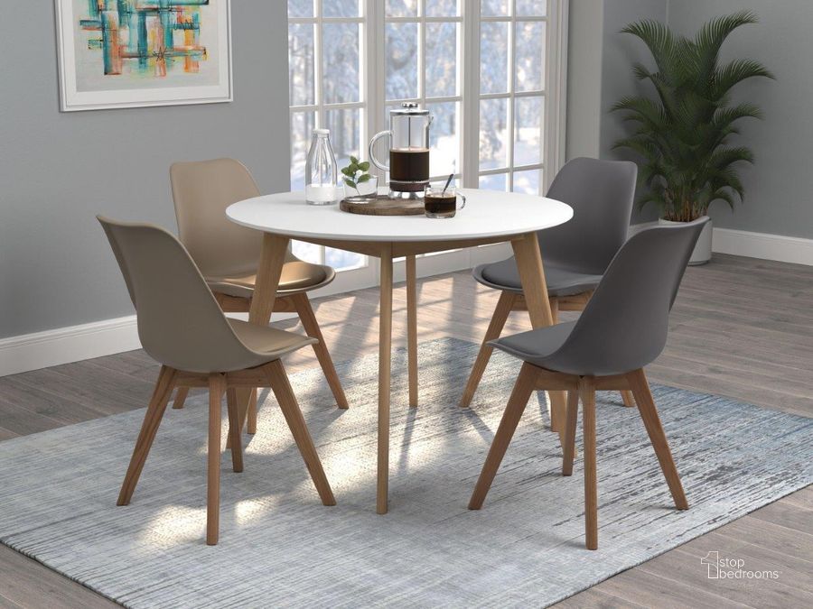 The appearance of Breckenridge Matte White And Natural Oak Round Dining Room Set designed by Coaster in the transitional interior design. This white piece of furniture  was selected by 1StopBedrooms from Breckenridge Collection to add a touch of cosiness and style into your home. Sku: 192790;110132. Table Base Style: Legs. Table Top Shape: Round. Product Type: Dining Room Set. Material: MDF. Size: 40". Image1