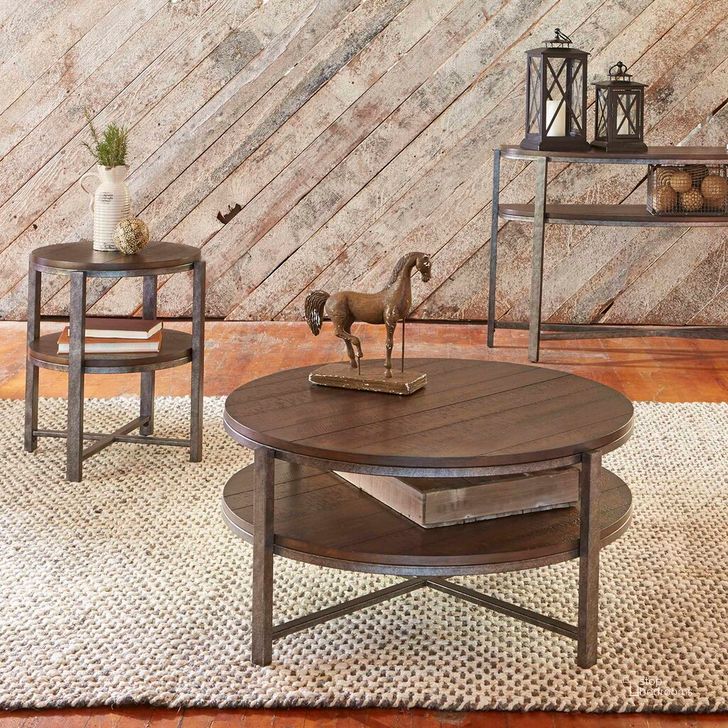 The appearance of Breckinridge Mahogany Spice with Pewter Metal Occasional Table Set designed by Liberty in the transitional interior design. This brown piece of furniture  was selected by 1StopBedrooms from Breckinridge Collection to add a touch of cosiness and style into your home. Sku: 348-OT1010;348-OT1020. Table Top Shape: Round. Material: Wood. Product Type: Occasional Table Set. Image1
