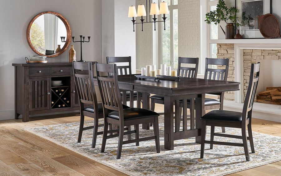 The appearance of Bremerton Warm Grey Extendable Trestle Dining Table designed by A-America in the transitional interior design. This brown piece of furniture  was selected by 1StopBedrooms from Bremerton Collection to add a touch of cosiness and style into your home. Sku: BRMWG633B;BRMWG631T. Table Base Style: Double Pedestal. Product Type: Dining Table. Table Top Shape: Rectangular. Material: Rubberwood. Image1