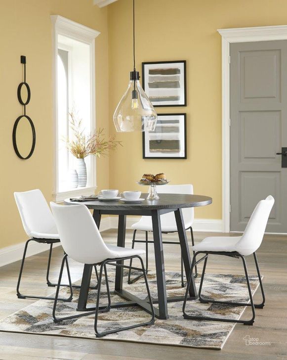 The appearance of Bren Black and Gray Dining Set designed by Isaac Tahari in the industrial interior design. This gray and black piece of furniture  was selected by 1StopBedrooms from Bren Collection to add a touch of cosiness and style into your home. Sku: D372-16;D372-07. Table Base Style: Trestle. Table Top Shape: Round. Product Type: Dining Room Set. Material: Melamine. Size: 42". Image1