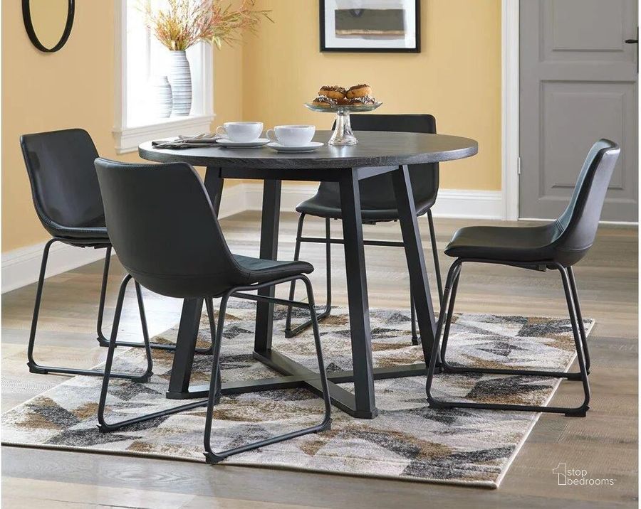 The appearance of Bren Gray and Black Dining Table designed by Isaac Tahari in the industrial interior design. This gray and black piece of furniture  was selected by 1StopBedrooms from Bren Collection to add a touch of cosiness and style into your home. Sku: D372-16. Table Base Style: Trestle. Table Top Shape: Round. Product Type: Dining Table. Material: Melamine. Size: 42". Image1