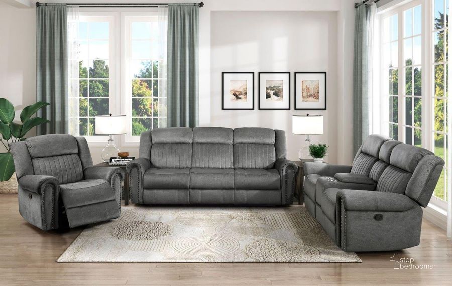The appearance of Brennen Charcoal Double Reclining Living Room Set designed by Homelegance in the modern / contemporary interior design. This gray piece of furniture  was selected by 1StopBedrooms from Brennen Collection to add a touch of cosiness and style into your home. Sku: 9204CC-3;9204CC-2. Material: Wood. Product Type: Living Room Set. Image1