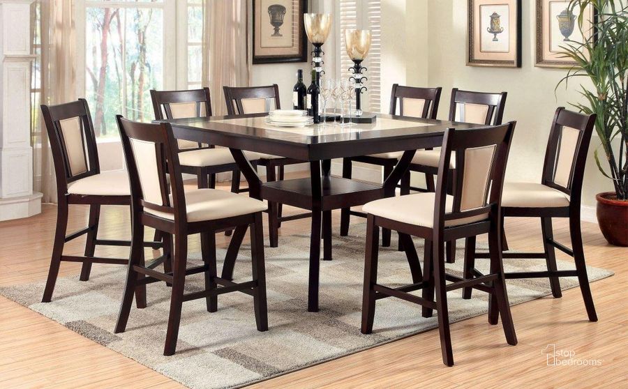 The appearance of Brent II Sqaure Marble Top Insert Counter Height Dining Room Set designed by Furniture of America in the transitional interior design. This brown piece of furniture  was selected by 1StopBedrooms from Brent Collection to add a touch of cosiness and style into your home. Sku: CM3984PT;CM3984PC-2PK. Table Top Shape: Square. Material: Wood. Product Type: Dining Room Set. Image1