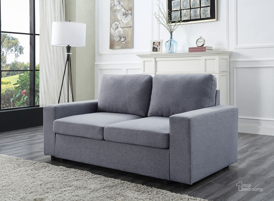 The appearance of Brenton Light Gray Linen Loveseat designed by Lilola Home in the modern / contemporary interior design. This light gray piece of furniture  was selected by 1StopBedrooms from Brenton Collection to add a touch of cosiness and style into your home. Sku: 81802-9. Material: Wood. Product Type: Loveseat. Image1