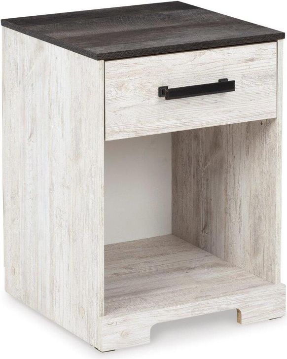 The appearance of Brettlyn White Wash/Charcoal Gray Nightstand designed by Off 5th Home in the transitional interior design. This white wash/charcoal gray piece of furniture  was selected by 1StopBedrooms from Brettlyn Collection to add a touch of cosiness and style into your home. Sku: EB4121-291. Material: Wood. Product Type: Nightstand. Image1
