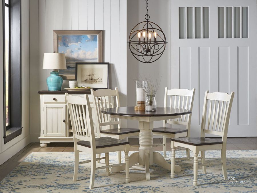 The appearance of British Isles Chalk Cocoa Bean 42" Extendable Round Dining Room Set designed by A-America in the transitional interior design. This white piece of furniture  was selected by 1StopBedrooms from British Isles Collection to add a touch of cosiness and style into your home. Sku: BRICO610B;BRICO610T;BRICO2852. Table Base Style: Pedestal. Table Top Shape: Round. Product Type: Dining Room Set. Material: Rubberwood. Image1