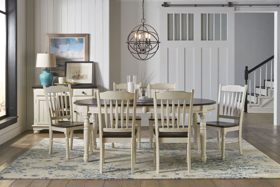 The appearance of British Isles Chalk 76" Extendable Oval Dining Room Set designed by A-America in the transitional interior design. This white piece of furniture  was selected by 1StopBedrooms from British Isles Collection to add a touch of cosiness and style into your home. Sku: BRICO6310;BRICO2852. Table Base Style: Legs. Table Top Shape: Oval. Product Type: Dining Room Set. Material: Rubberwood. Image1