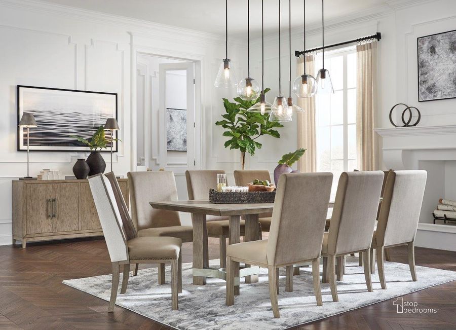 The appearance of Bridgemore Gray Dining Room Set 0qd24495568 designed by Luxury Loft in the modern / contemporary interior design. This gray piece of furniture  was selected by 1StopBedrooms from Bridgemore Collection to add a touch of cosiness and style into your home. Sku: D983-25;D983-01. Table Base Style: Double Pedestal. Material: Wood. Product Type: Dining Room Set. Table Top Shape: Rectangular. Image1
