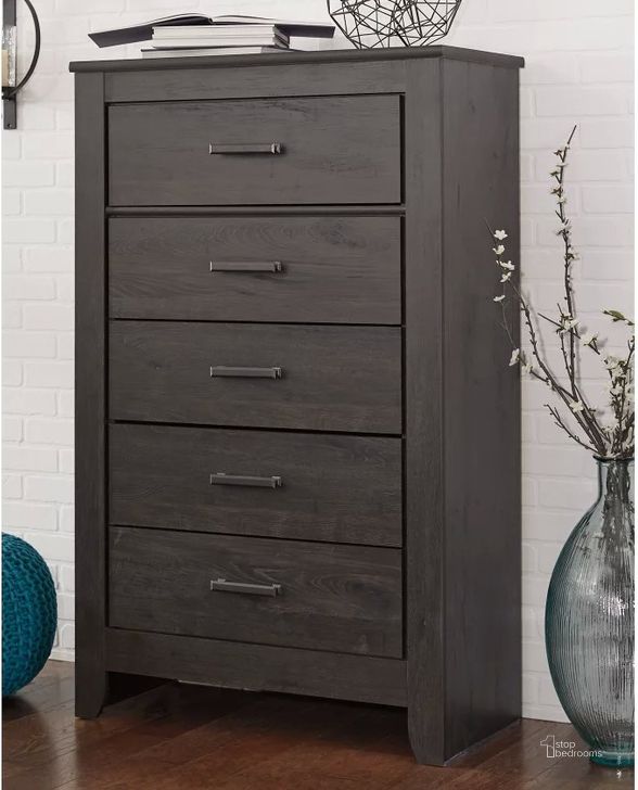 The appearance of Brinxton Black 5 Drawer Chest designed by Signature Design by Ashley in the transitional interior design. This charcoal piece of furniture  was selected by 1StopBedrooms from Brinxton Collection to add a touch of cosiness and style into your home. Sku: B249-46. Material: Wood. Product Type: Chest. Image1