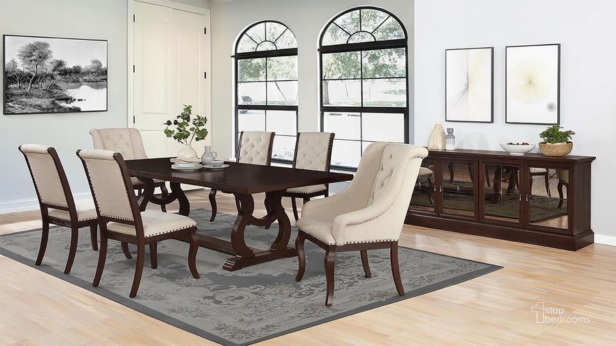 The appearance of Brockway Antique Java Extendable Dining Room Set designed by Coaster in the traditional interior design. This brown piece of furniture  was selected by 1StopBedrooms from Brockway Collection to add a touch of cosiness and style into your home. Sku: 110311B1;110311B2;110312. Table Base Style: Trestle. Product Type: Dining Room Set. Material: MDF. Table Top Shape: Rectangular. Size: 105". Image1