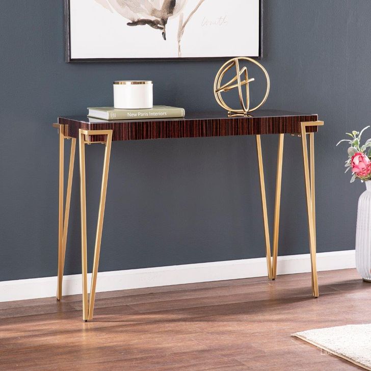 The appearance of Brodkirk Console Table designed by SEI Furniture in the modern / contemporary interior design. This brown and gold piece of furniture  was selected by 1StopBedrooms from Brodkirk Collection to add a touch of cosiness and style into your home. Sku: CM1143003. Material: Wood. Product Type: Console Table. Image1