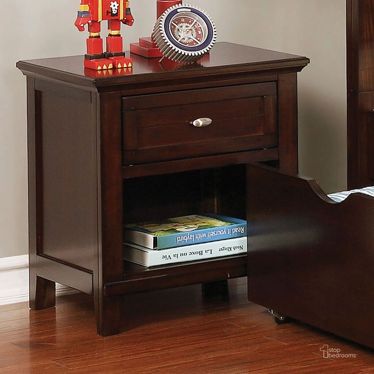 The appearance of Brogan Night Stand In Brown Cherry designed by Furniture of America in the transitional interior design. This brown cherry piece of furniture  was selected by 1StopBedrooms from Brogan Collection to add a touch of cosiness and style into your home. Sku: CM7517CH-N. Material: Wood. Product Type: Nightstand. Image1