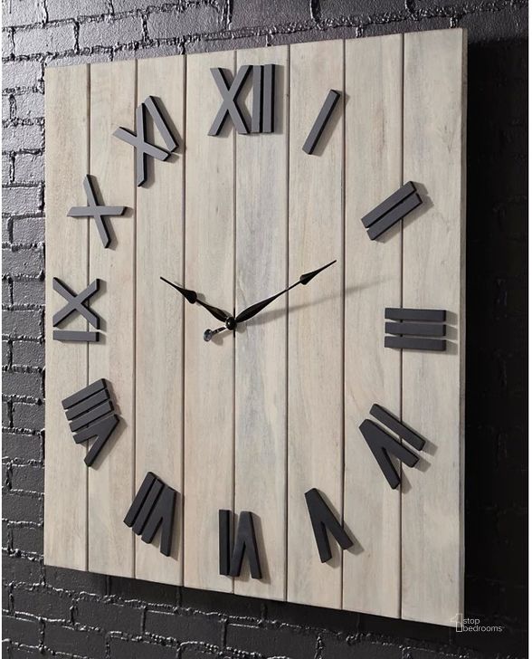 The appearance of Bronson Whitewash/Black Wall Clock designed by Signature Design by Ashley in the transitional interior design. This white wash/black piece of furniture  was selected by 1StopBedrooms from Bronson Collection to add a touch of cosiness and style into your home. Sku: A8010179. Material: Wood. Product Type: Wall Clock. Image1