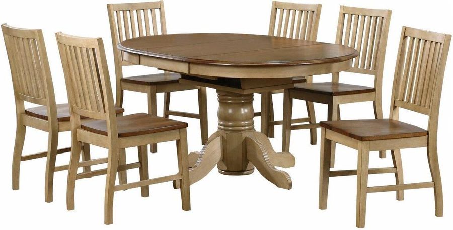 The appearance of Brook Slat Back Chairs 7 Piece Round or Oval Butterfly Leaf Dining Set designed by Sunset Trading in the country / farmhouse interior design. This two-tone brown piece of furniture  was selected by 1StopBedrooms from Brook Collection to add a touch of cosiness and style into your home. Sku: DLU-BR-TP-4260-PW-T;DLU-BR-TP-4260-PW-B;DLU-BR-C60-PW-2;DLU-BR-C60-PW-2;DLU-BR-C60-PW-2. Material: Wood. Product Type: Dining Chair. Image1