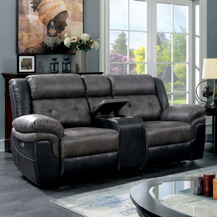 The appearance of Brookdale Power Motion Loveseat In Gray and Black designed by Furniture of America in the transitional interior design. This gray and black piece of furniture  was selected by 1StopBedrooms from Brookdale Collection to add a touch of cosiness and style into your home. Sku: CM6217GY-LV. Material: Wood. Product Type: Loveseat. Image1