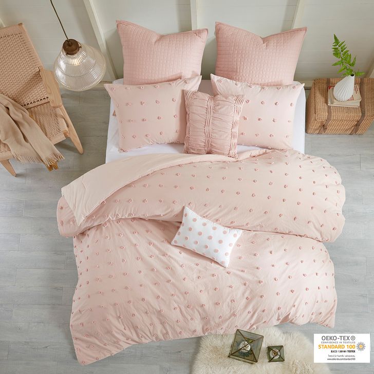 The appearance of Brooklyn 5 Piece Cotton Jacquard Twin Comforter Set In Pink designed by Olliix in the modern / contemporary interior design. This pink piece of furniture  was selected by 1StopBedrooms from Brooklyn Collection to add a touch of cosiness and style into your home. Sku: UH10-0204. Material: Polyester. Bed Size: Twin. Product Type: Comforter Set. Image1