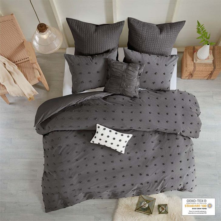 The appearance of Brooklyn Cotton 5Pcs Jaquard Twin Comforter Set In Charcoal designed by Olliix in the modern / contemporary interior design. This charcoal piece of furniture  was selected by 1StopBedrooms from Brooklyn Collection to add a touch of cosiness and style into your home. Sku: UH10-2255. Material: Polyester. Bed Size: Twin. Product Type: Comforter Set. Image1